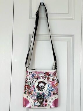 Ed Hardy Metallic Pink Floral Skull Crossbody Handbag